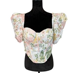 Blithe Floral Lace Puff Sleeve Corset Top Size Large White Pink Cottagecore